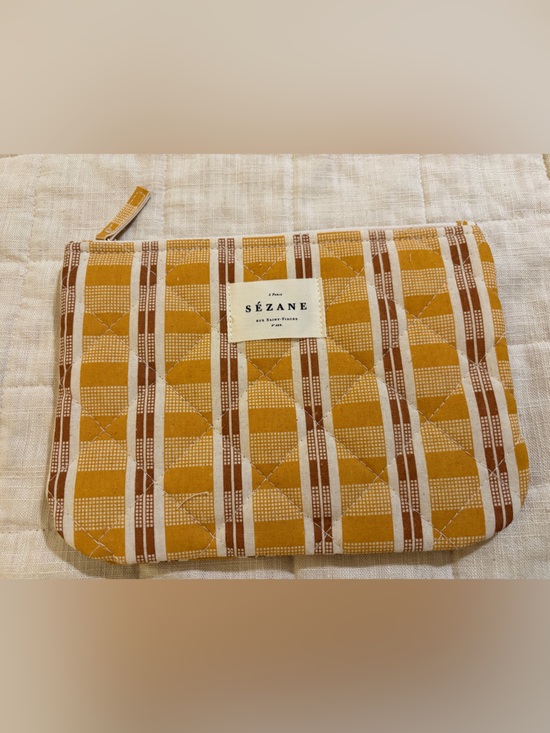 Sezane Handbags - Sezane new cosmetic toiletry pouch zip bag Mustard yellow & Brown Quilted plaid